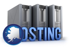 ak map icon and web site hosting servers and a caption