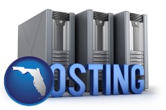 florida map icon and web site hosting servers and a caption