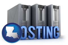 louisiana map icon and web site hosting servers and a caption