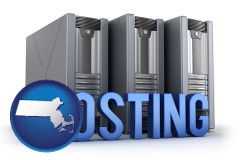 massachusetts map icon and web site hosting servers and a caption