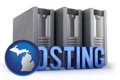 michigan map icon and web site hosting servers and a caption
