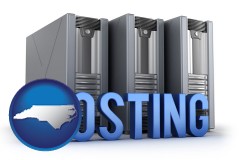 north-carolina map icon and web site hosting servers and a caption