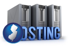 new-jersey map icon and web site hosting servers and a caption