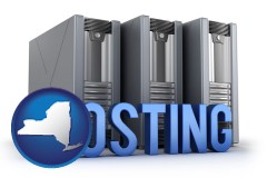 new-york map icon and web site hosting servers and a caption