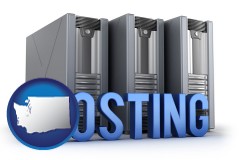 wa map icon and web site hosting servers and a caption